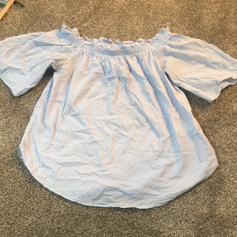 light blue off the shoulder shirt